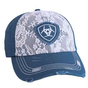 ARIAT Unstructured Blue Cotton Cap with White Lace Distressed Adjustable Hat